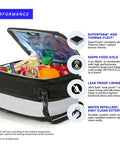 Interior view of Fridge Cold Expandable Insulated Lunch Box Keeps Your Grub Frosty All Day With Twin Ice Walls Zero Leak Guarantee And Roomy Interior Fit For School Or Nine To Five Grind In Black And Silver.