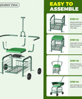 Exploded view of Rolling Garden Stool With Wheels, 360 Degree Swivel Seat And Backrest, showing assembly steps and parts.