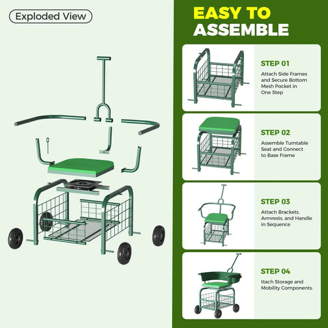 Exploded view of Rolling Garden Stool With Wheels, 360 Degree Swivel Seat And Backrest, showing assembly steps and parts.