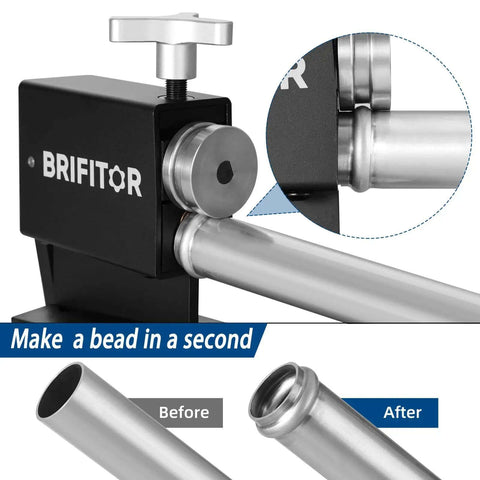 Heavy Duty Aluminum Bead Roller Tool For Turbo Builds Intercooler Piping And Intake Tubes Creates Leak Proof Beads On 0.625 Inch OD And Larger Tubing Includes Red 6AN Fittings Wrench For A Solid No Slip Seal in use with before and after view.