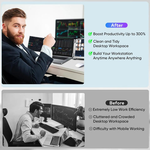 Side-by-side comparison of workspace before and after using Triple Screen Laptop Extender For 12 To 16.2 Inch Laptops, FHD 1200P 16:10 IPS Portable Monitor.
