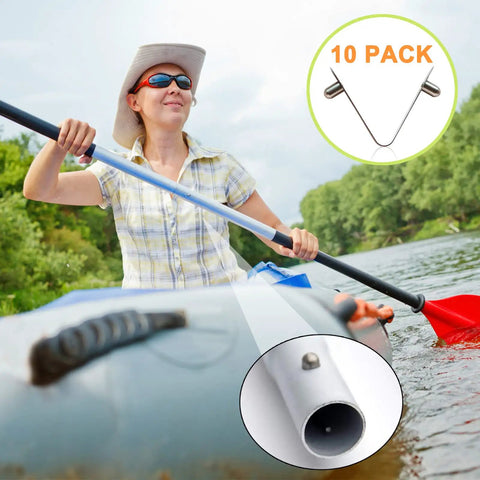 Close-up of Ten Piece Stainless Steel V Clips for Pool and Spa Accessories attached to kayak paddle, 10-pack highlighted