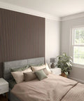 Top Shelf Solid Hardwood Adjustable Slat Wall Kit In Warm Walnut With Forty Hella Durable Stain Grade Planks featured as a headboard.