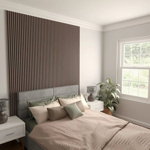 Top Shelf Solid Hardwood Adjustable Slat Wall Kit In Warm Walnut With Forty Hella Durable Stain Grade Planks featured as a headboard.