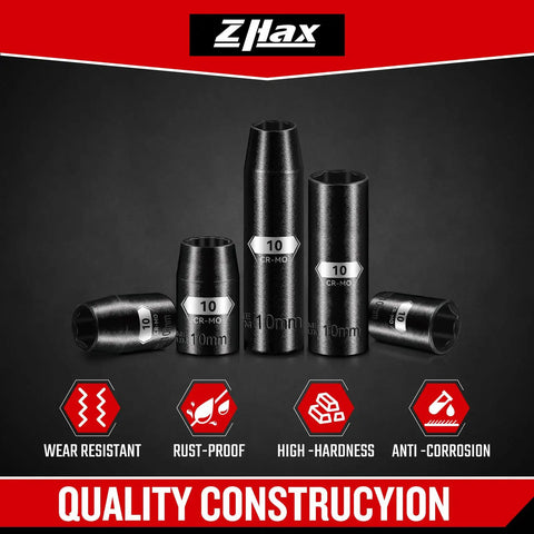 Beefy 10 Piece One Quarter And Three Eighth Inch Drive Impact Socket Set, 10mm displayed, deep and shallow CR-MO steel with black phosphated finish
