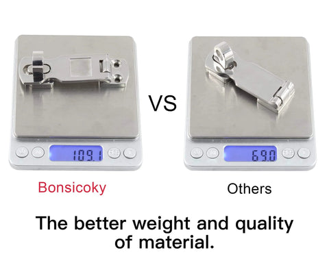 Comparison of Marine Grade 316 Stainless Steel Door Hasps, Bonsicoky vs others on digital scales, focus on weight and quality