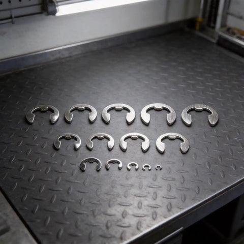 Heavy Duty 120PCS Stainless Steel E-Clip Assortment Set Featuring M1.5 To M10 External Retaining Rings arranged on metal surface.