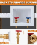 Washer Box With Pex A Expansion Inlet One Half Inch To Three Quarters Inch MHT Outlet Brass Valves Installed And Four Expansion Rings For Easy Hookup To Your Washing Machine And Laundry Piping, white box with support brackets