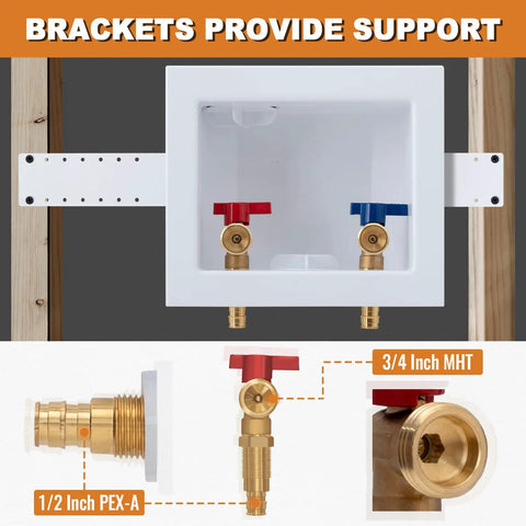 Washer Box With Pex A Expansion Inlet One Half Inch To Three Quarters Inch MHT Outlet Brass Valves Installed And Four Expansion Rings For Easy Hookup To Your Washing Machine And Laundry Piping, white box with support brackets
