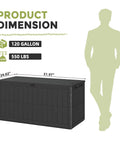 Big 120 Gallon Outdoor Deck Box Lockable Waterproof Storage Chest For Patio, Garden Tools and More with dimensions illustration