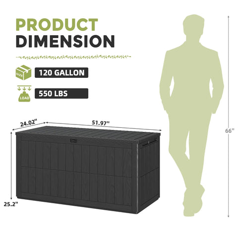 Big 120 Gallon Outdoor Deck Box Lockable Waterproof Storage Chest For Patio, Garden Tools and More with dimensions illustration