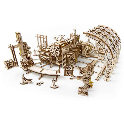 Mechanical Robot Factory 3D Wooden Puzzle Kit From STEAM Line Toys, Fully Functional Steampunk Factory Model With Gears And Moving Parts, wooden assembly workshop with arches