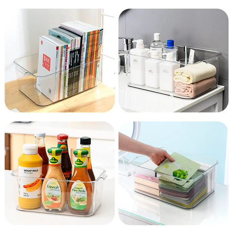 Clear PET Plastic Storage Bins With Removable Bamboo Lids And Grab Handles, Stackable Lidded Kitchen And Laundry Boxes, Set Of 3 For Closet Cabinet Shelf Organization, Durable Bins For Home Decor And Everyday Use, 1 Large 2 Small, various uses.