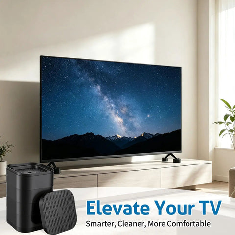 Eight Pack TV Stand Riser Blocks Provide Rock Solid Heavy Duty Adjustability For seamless stacking, black risers under a TV.