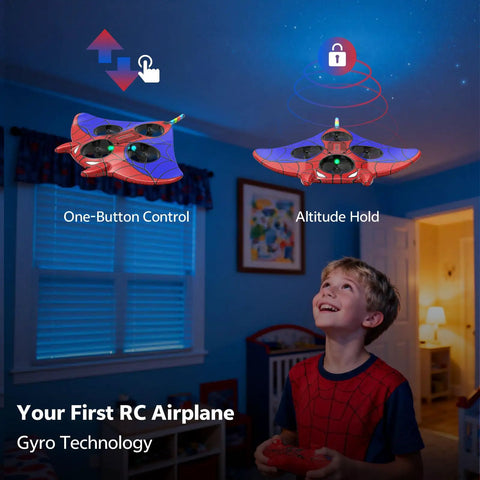 Child playing indoors with Kids RC Plane With Altitude Hold and One Button Takeoff and Landing 360 Degree Flips LED Lights.