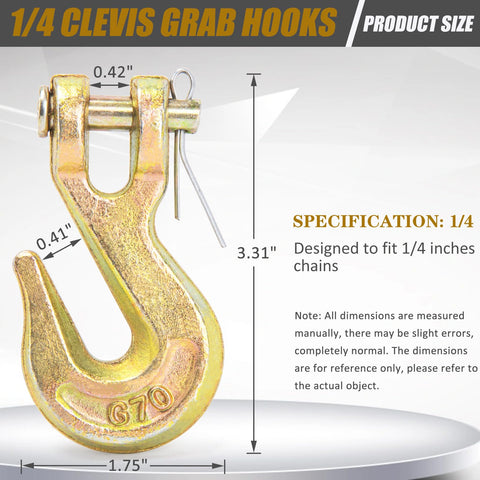 Heavy Duty 1/4 Inch Chain Hooks Set With 3600 Lbs Working Load G70 Clevis Grab Hooks for Trailer Tow Truck Marine Use