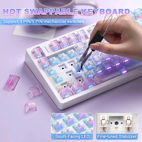 Close-up of Tri Mode Wireless Gaming Keyboard With Bluetooth Five Point Zero And Usb Cable Fast Switching Mechanical Keys showing hot swappable keycaps.