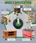 Heavy Duty 10 Inch Pneumatic Caster Wheels With Killer Knobby Tread, Four Piece Kit Including Two Swivel And Two Rigid Casters, Massive 661 Pound Weight Rating For Utility Carts And Tool Chests, Moves Like Butter showcased on various applications including trolley, workbench, and furniture.