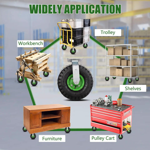 Heavy Duty 10 Inch Pneumatic Caster Wheels With Killer Knobby Tread, Four Piece Kit Including Two Swivel And Two Rigid Casters, Massive 661 Pound Weight Rating For Utility Carts And Tool Chests, Moves Like Butter showcased on various applications including trolley, workbench, and furniture.