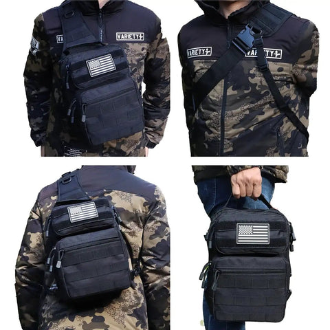 Compact Tactical Travel Sling Bag With Molle System Crossbody Shoulder Pack for Concealed Carry shown on person