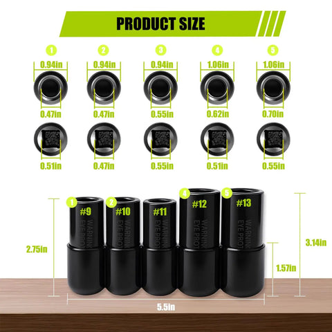 Heavy Duty Large Tap Socket Set 5 Piece Adapter Kit Fits 5/8, 11/16, 3/4, 7/8, and 1 Inch Taps, 1/2 Inch Drive, socket dimensions shown