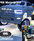 Truck illuminated by 8 Pod RGB Rock Lights for Trucks With APP Control and Remote Music Mode in snow, IP68 waterproof.