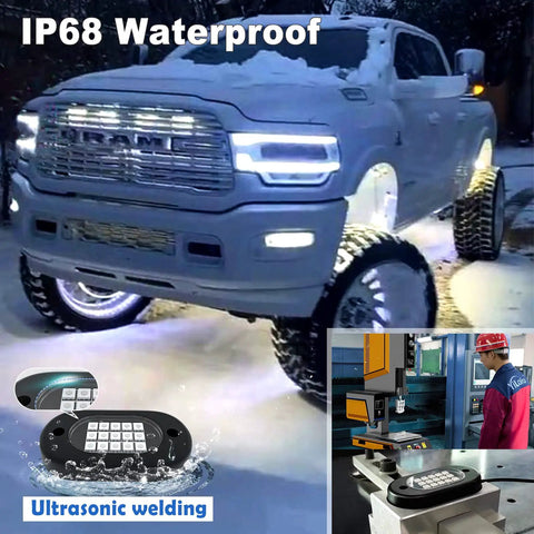 Truck illuminated by 8 Pod RGB Rock Lights for Trucks With APP Control and Remote Music Mode in snow, IP68 waterproof.