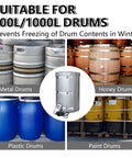 Heavy Duty Industrial Drum Heater Blanket With Adjustable Thermostat Fits 275 Gallon Steel Drums And Water Tanks To Keep Viscous Fluids Flowing Smooth And Break The Frozen Grind Daily surrounding various drum types.