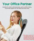 Woman using Office Chair Headrest Pillow Attachment And Desk Nap Cushion With Comfy Memory Foam Neck Support, U Shape Hanger Design