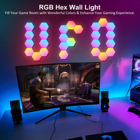 Hexagon RGB LED Wall Panels Lights For Game Room And Bedroom, arranged in UFO shape above gaming setup with color effects
