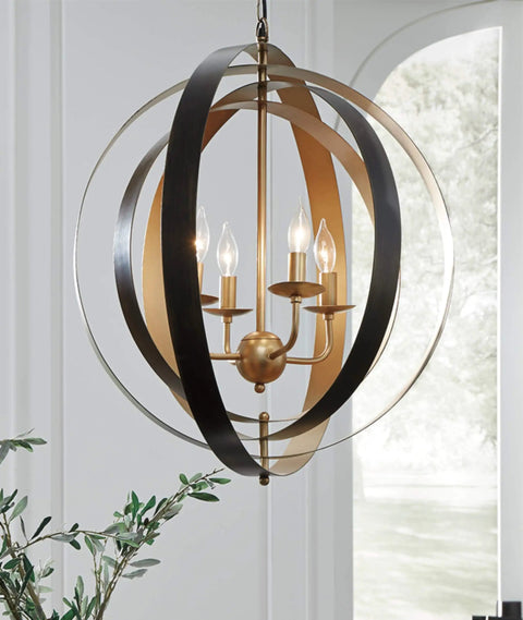Contemporary Black And Gold Pendant Light With Intertwined Concentric Rings, 26.5 Inch Hanging Fixture For Living Room Or Dining Area.