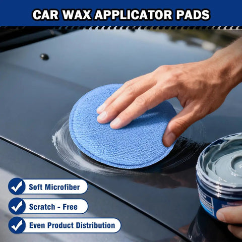 Hand using Six Pack 5 Inch Car Wax Applicator Pads, Round Foam And Microfiber Buffing Pads For Detailing on car hood