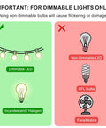 Image illustrating suitable dimmable LED and incandescent bulbs and unsuitable non-dimmable, CFL, and fan motors for the product.