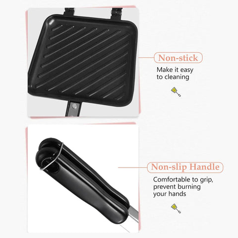 Nonstick Panini Press With Insulated Handle Aluminum Alloy Construction Quick Heat Toasted Maker For Perfectly Browned Sandwiches. Non-stick plates and insulated handle.