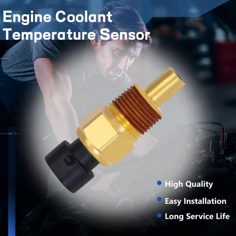 Close-up of AcornTech 213-928 coolant temperature sensor with brass threaded body and black connector.