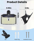 Super Bright 176 Lumen Solar Clip On Fence Lights With Motion Sensor showing dimensions; includes clip, plastic plug, and screws.