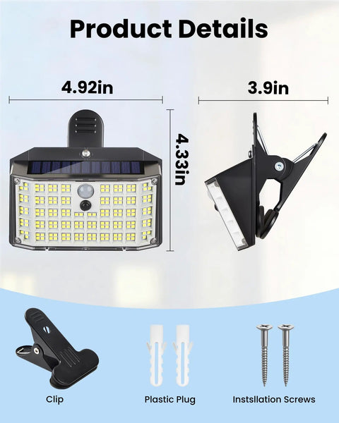 Super Bright 176 Lumen Solar Clip On Fence Lights With Motion Sensor showing dimensions; includes clip, plastic plug, and screws.