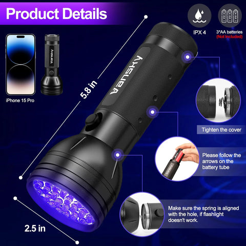 Front view: Vansky 68-LED UV flashlight for automotive AC leak detection, black handheld tool with textured grip