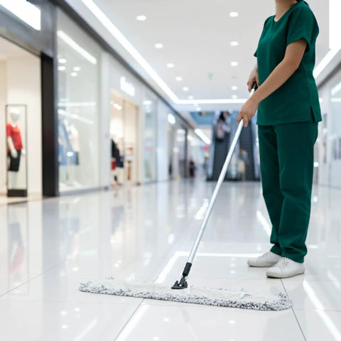 Kick Serious Dust Bunnies With This 36 Inch Industrial Cut End Dust Mop Refill Featuring A Super Solid Blended Yarn Pad For Warehouse Floors And Shop Cleanups No Sweat Three Pack in use on polished floor.