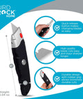 Bird Rock Home retractable utility knife with rubber grip on black handle.