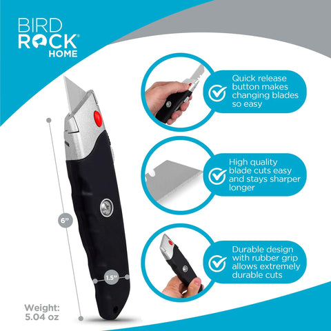 Bird Rock Home retractable utility knife with rubber grip on black handle.