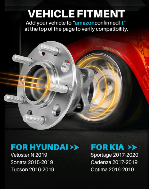 Rear Wheel Bearing Hub Assembly 2 Piece Set With ABS And 5 Lugs Direct Fit For Hyundai Sonata 2015 To 2019 in front of red car