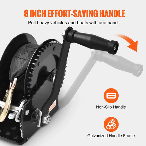 Heavy Duty Hand Boat Winch With 1600 Lb Capacity, 33 Ft Polyester Strap, Two Way Ratchet, Manual Crank Tow Winch For Trailers, Boats And ATVs That Delivers Beast Mode Performance In Any Weather, 8-inch handle