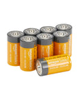 Heavy Hitter C Cell Alkaline Batteries Eight Pack Long Lasting 1 Point 5 Volt Power Cells stacked for toy and gadget use.