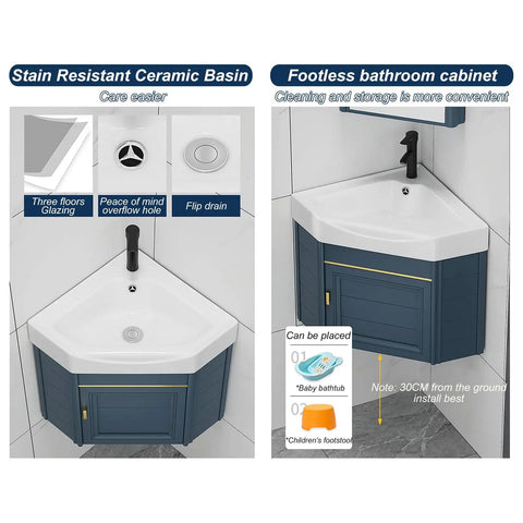 Modern Bathroom Vessel Sink Corner Mounted, 15" Bathroom Vanities Cabinet Sink Combo, ceramic basin with footless design.