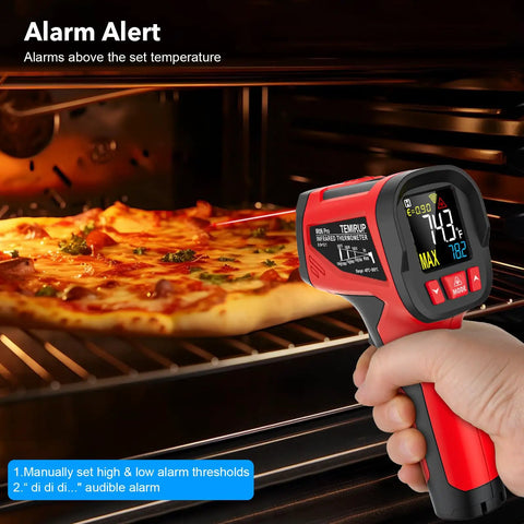 Digital Infrared Thermometer Gun With Probe For Non Contact Temperature Readings, Fast Laser Temp Gun For Cookin And Grillin On The Grill, Pizza Oven, Griddle And Meat, Adjustable Emissivity 0.1 To 1.0, 12:1 Distance To Spot, -40 To 1472 Fahrenheit in hand near pizza oven