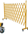 Heavy Duty Rolling Scissor Barrier Expandable Steel Gate With Smooth Swivel Casters For Fast Job Site Lockdown Crowd Control And Tight Safety Perimeter Setup, showing yellow steel gate with swivel casters.