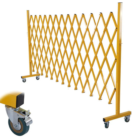 Heavy Duty Rolling Scissor Barrier Expandable Steel Gate With Smooth Swivel Casters For Fast Job Site Lockdown Crowd Control And Tight Safety Perimeter Setup, showing yellow steel gate with swivel casters.
