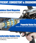 Close-up of 16 Gauge Pneumatic Hog Ring Gun showing stainless steel magazine, valve core, and rubber grip details.