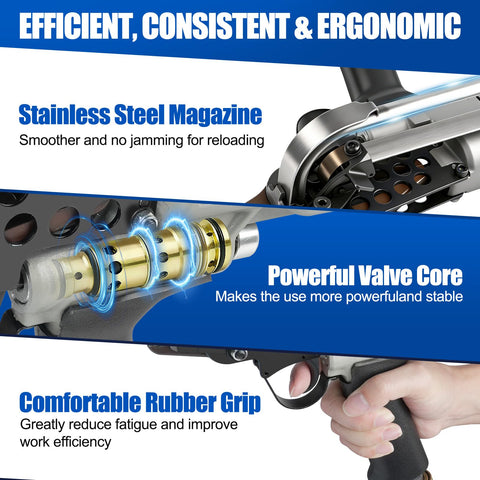 Close-up of 16 Gauge Pneumatic Hog Ring Gun showing stainless steel magazine, valve core, and rubber grip details.